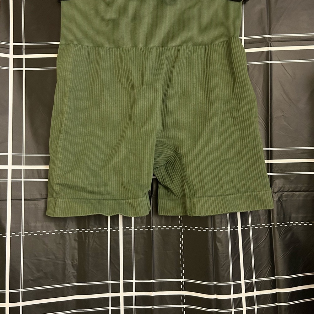 Green Ribbed High-Waisted Shorts